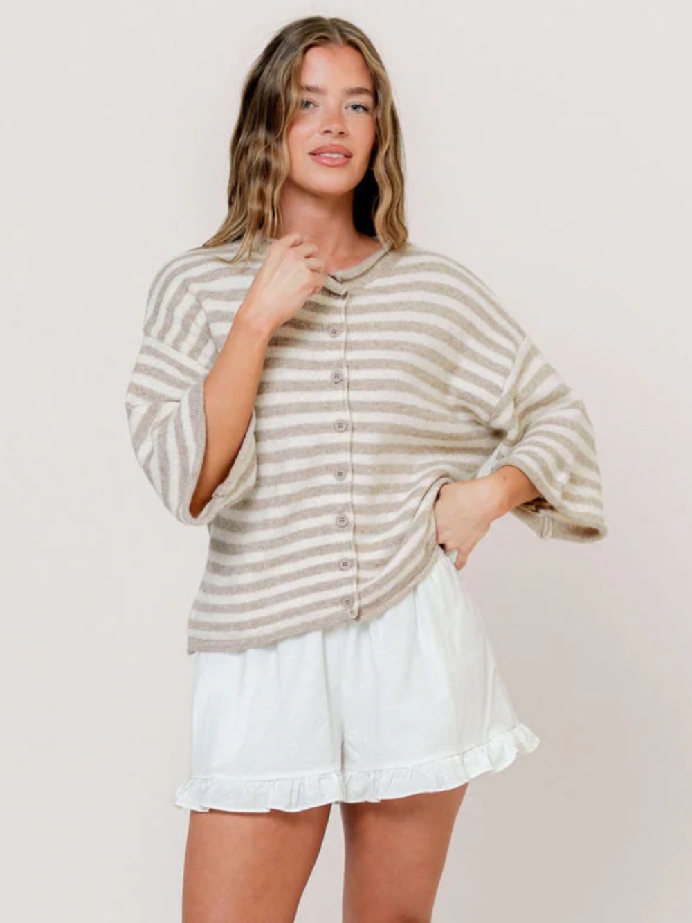 Striped 3/4 Sleeve Cardigan in Taupe Cream - "By Together" from Worth Collective